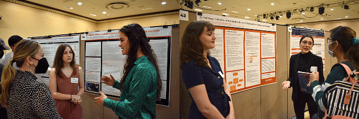 two photos showing two young women explaining posters to guests