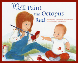 10-year-old girl painting a toy octopus red while an infant reaches for it