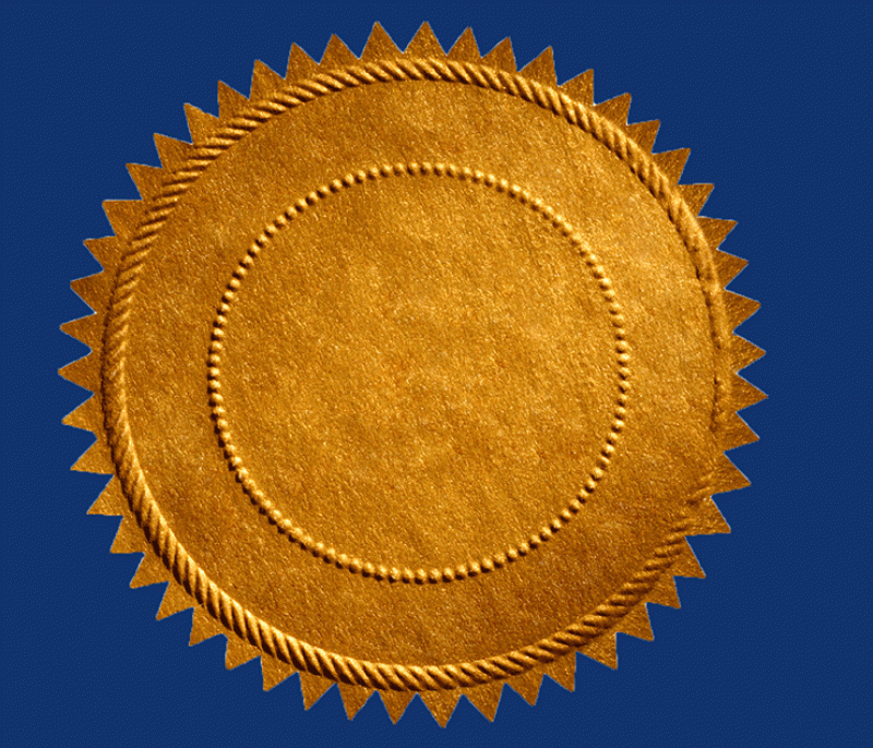 a gold seal for a certificate against a blue background
