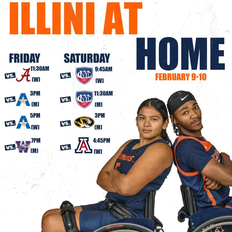 Women's wheelchair basketball player Hailey Smith and men's player Martrell Stevens lean together for a photo of this weekend's schedule.  