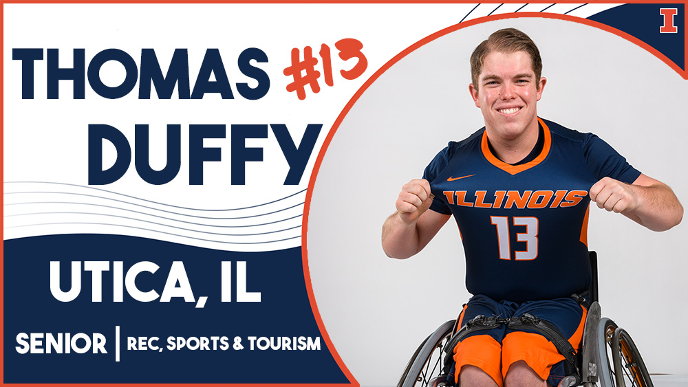 man in Illinois basketball uniform in wheelchair with text reading Thomas Duffy, #13, Utica, IL, Senior, Rec, sports & tourism