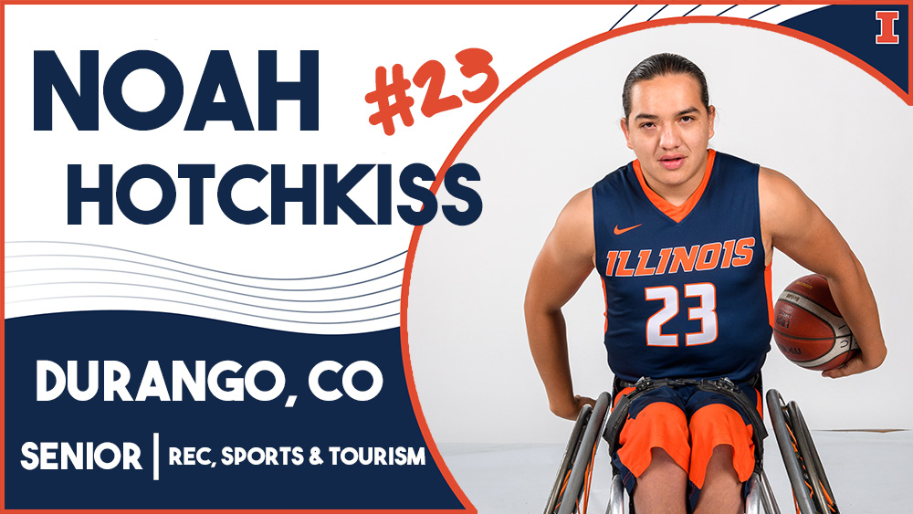 man in Illinois basketball uniform in wheelchair with text reading Noah Hotchkiss, #24, Durango, CO, Senior, Rec, sports & tourism