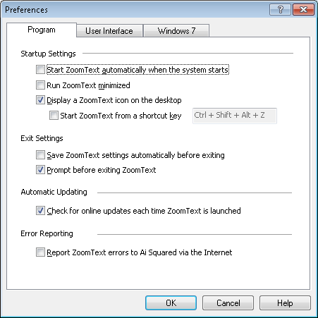 Screenshot of the ZoomText preferences window showing the program options tab